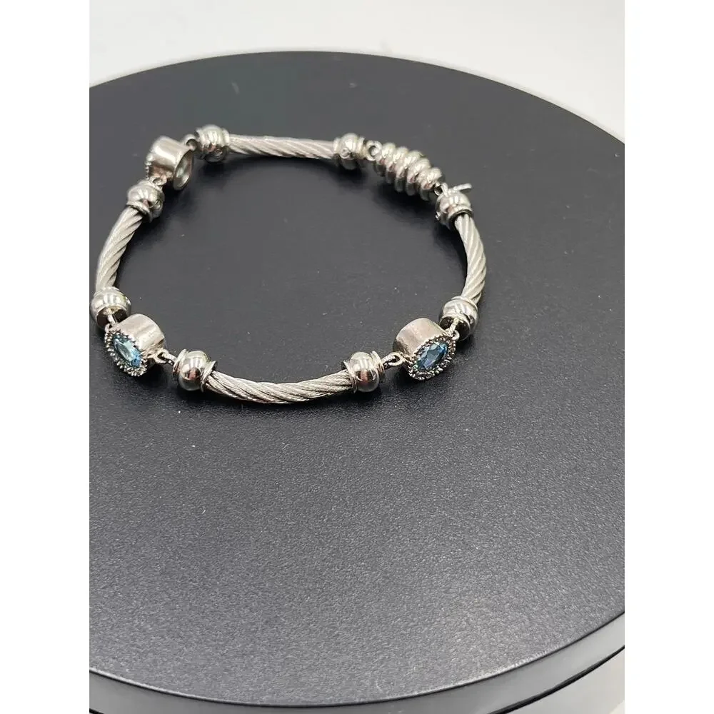 Designer Signed Sterling Silver  Steel Twisted Cable Blue Topaz Diamond Bracelet